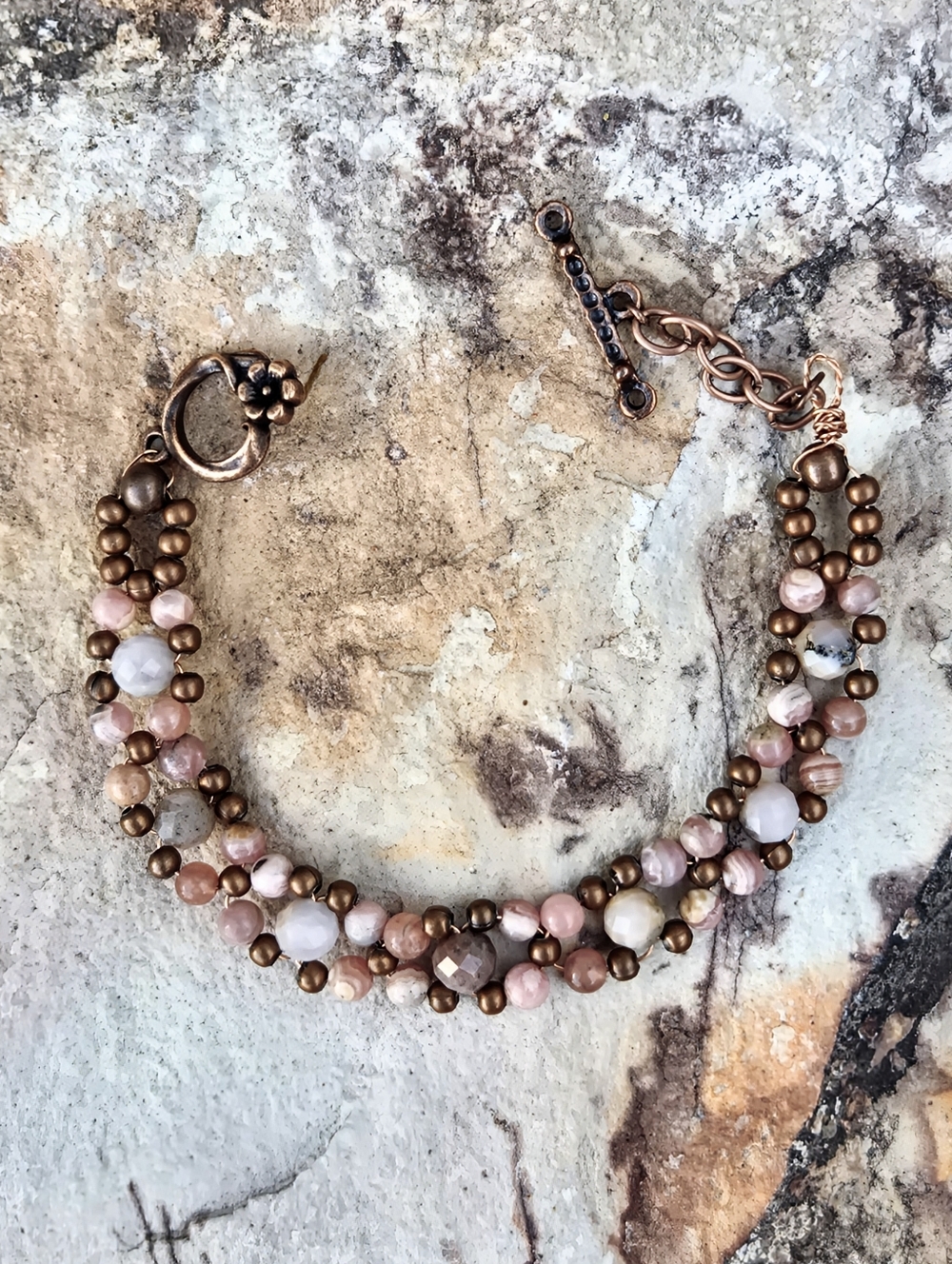 Natural Rhodochrosite In Blush Pink Handwoven Artisan Bracelet In Antique Copper